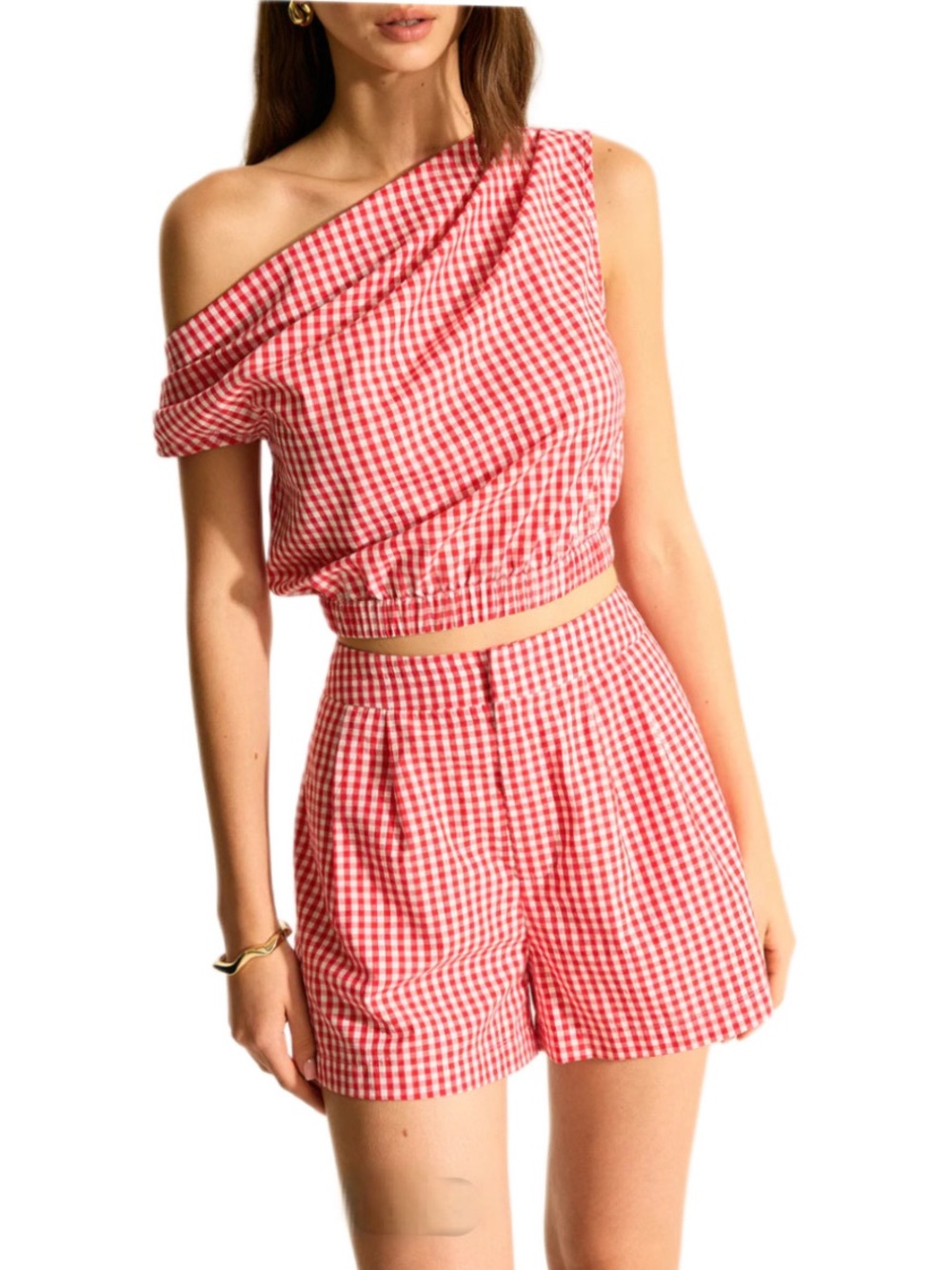 NWT COMMENSE Red & White Gingham One-Shoulder Top & Shorts Set Summer Size XS